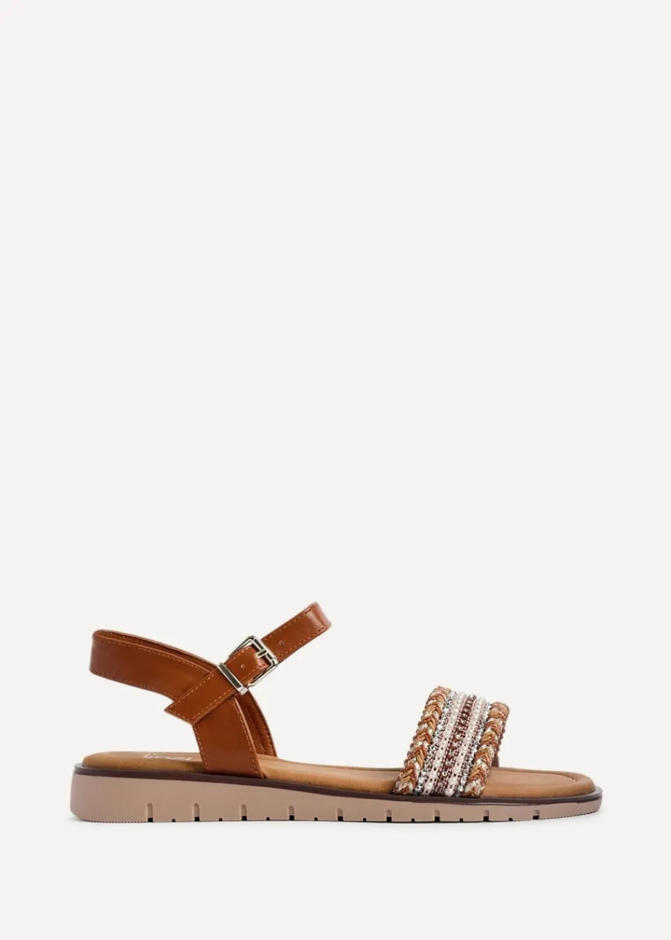 Footwear>Linzi Halo Tan Weaved Embellished Flat Sandals