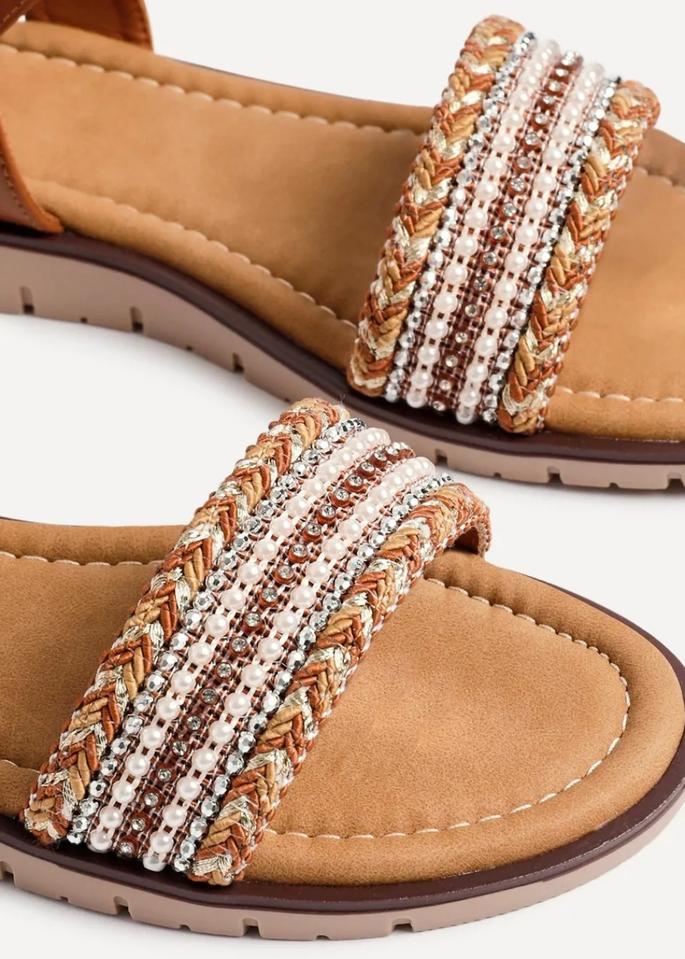 Footwear>Linzi Halo Tan Weaved Embellished Flat Sandals