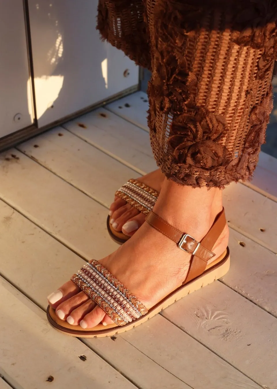 Footwear>Linzi Halo Tan Weaved Embellished Flat Sandals