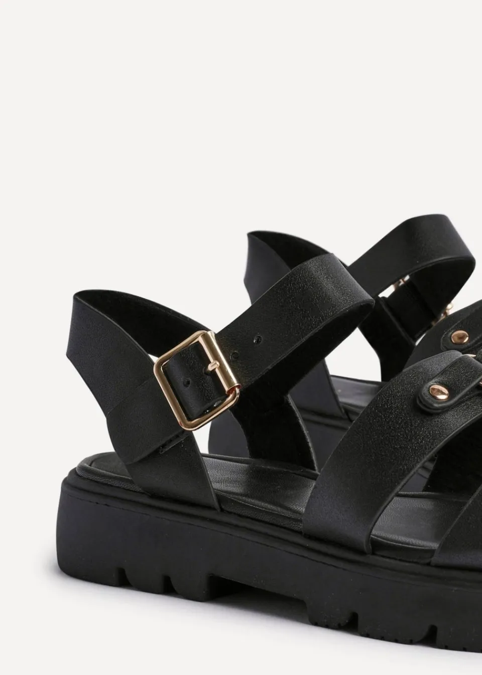 Footwear>Linzi Hattie Black Faux Leather Studded Gladiator Chunky Sandals