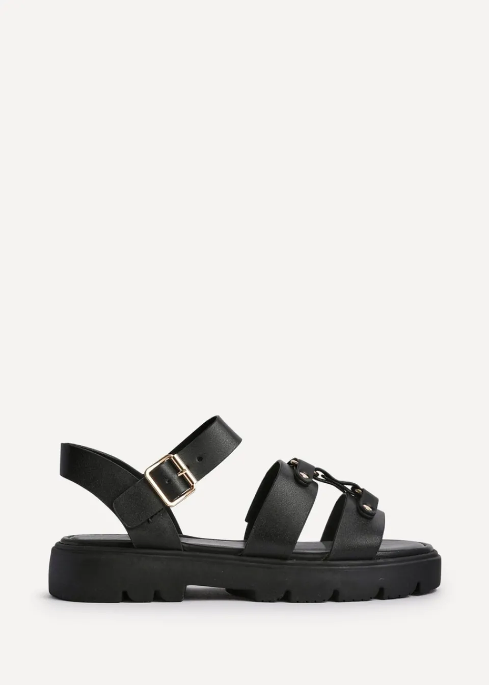 Footwear>Linzi Hattie Black Faux Leather Studded Gladiator Chunky Sandals