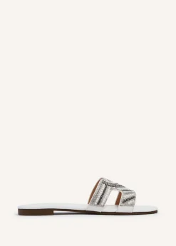 Footwear>Linzi Indira Faux Leather Aztec Design Embellished Slider Sandal White