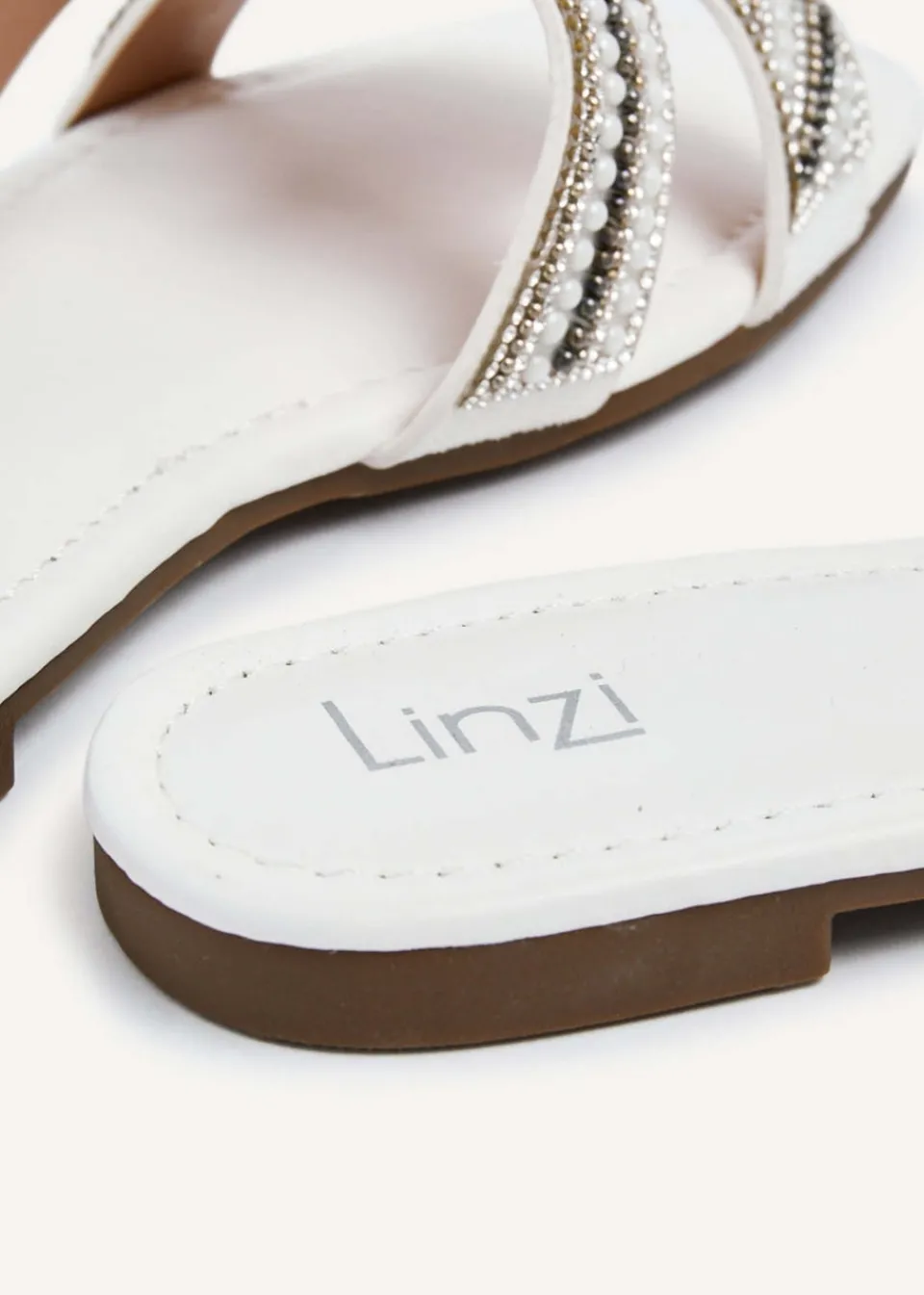 Footwear>Linzi Indira Faux Leather Aztec Design Embellished Slider Sandal White