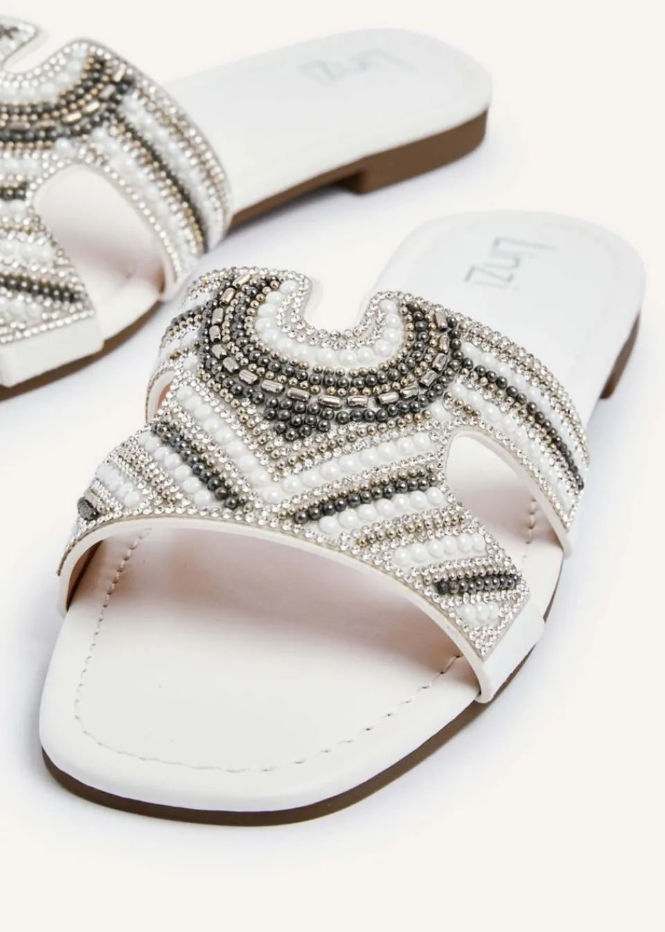 Footwear>Linzi Indira Faux Leather Aztec Design Embellished Slider Sandal White