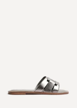 Footwear>Linzi Kenna Grey Faux Leather Buckle Flat Slider Sandal