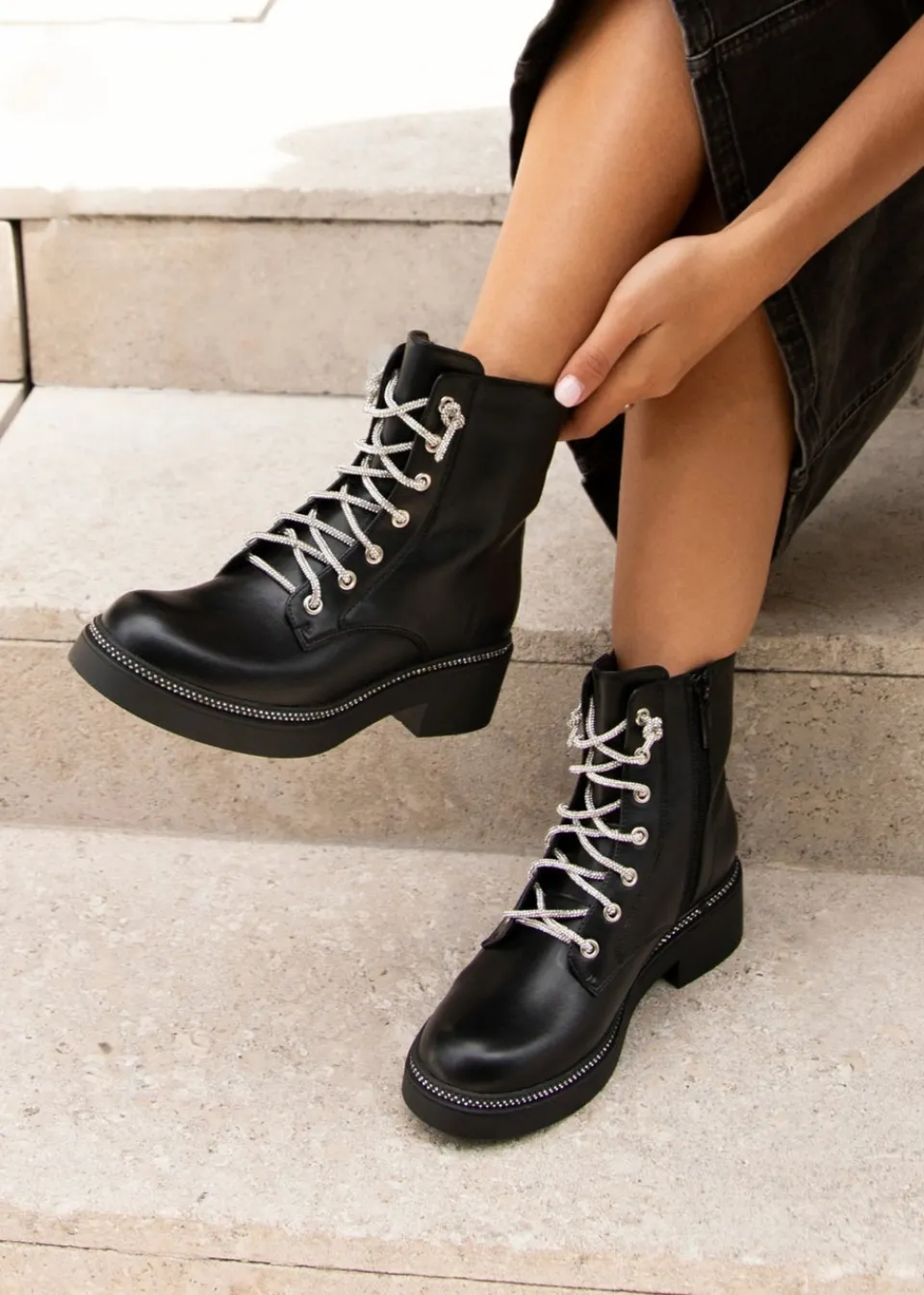 Footwear>Linzi Lacey Black Faux Leather Military Style Boot