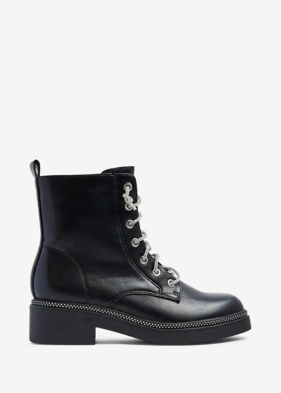 Footwear>Linzi Lacey Black Faux Leather Military Style Boot