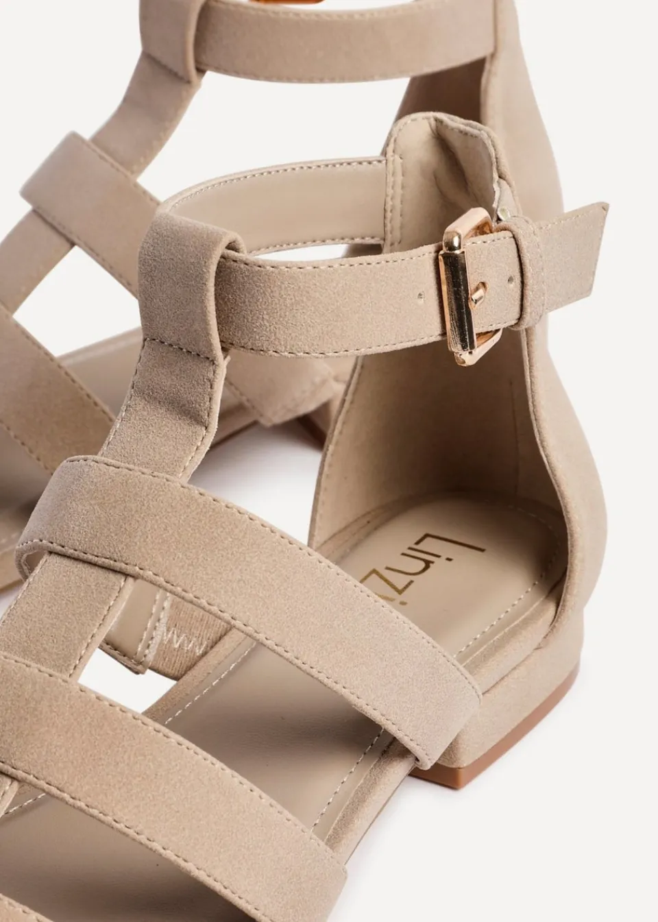Footwear>Linzi Liberate Taupe Faux Suede Closed Back Gladiator Sandals