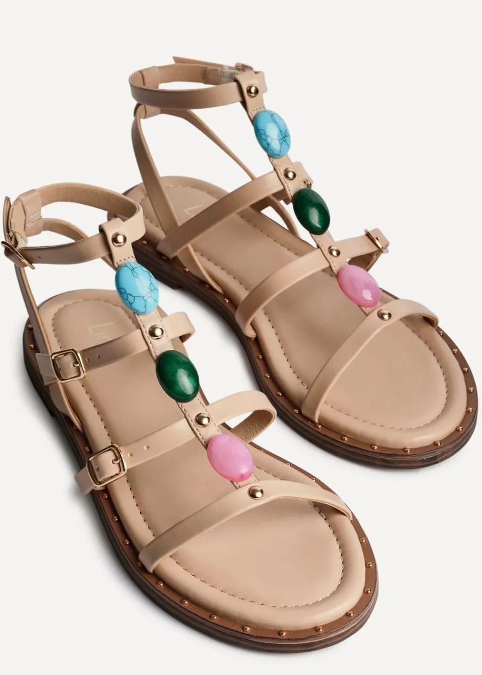 Footwear>Linzi Mimi Sand Faux Leather Embellished Gladiator Flat Sandal
