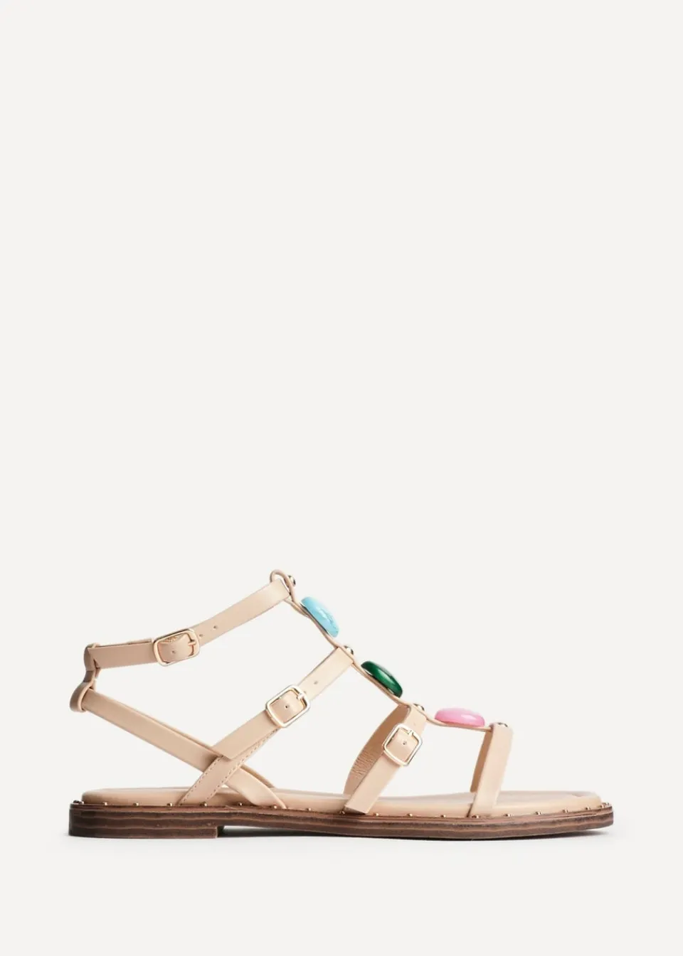 Footwear>Linzi Mimi Sand Faux Leather Embellished Gladiator Flat Sandal