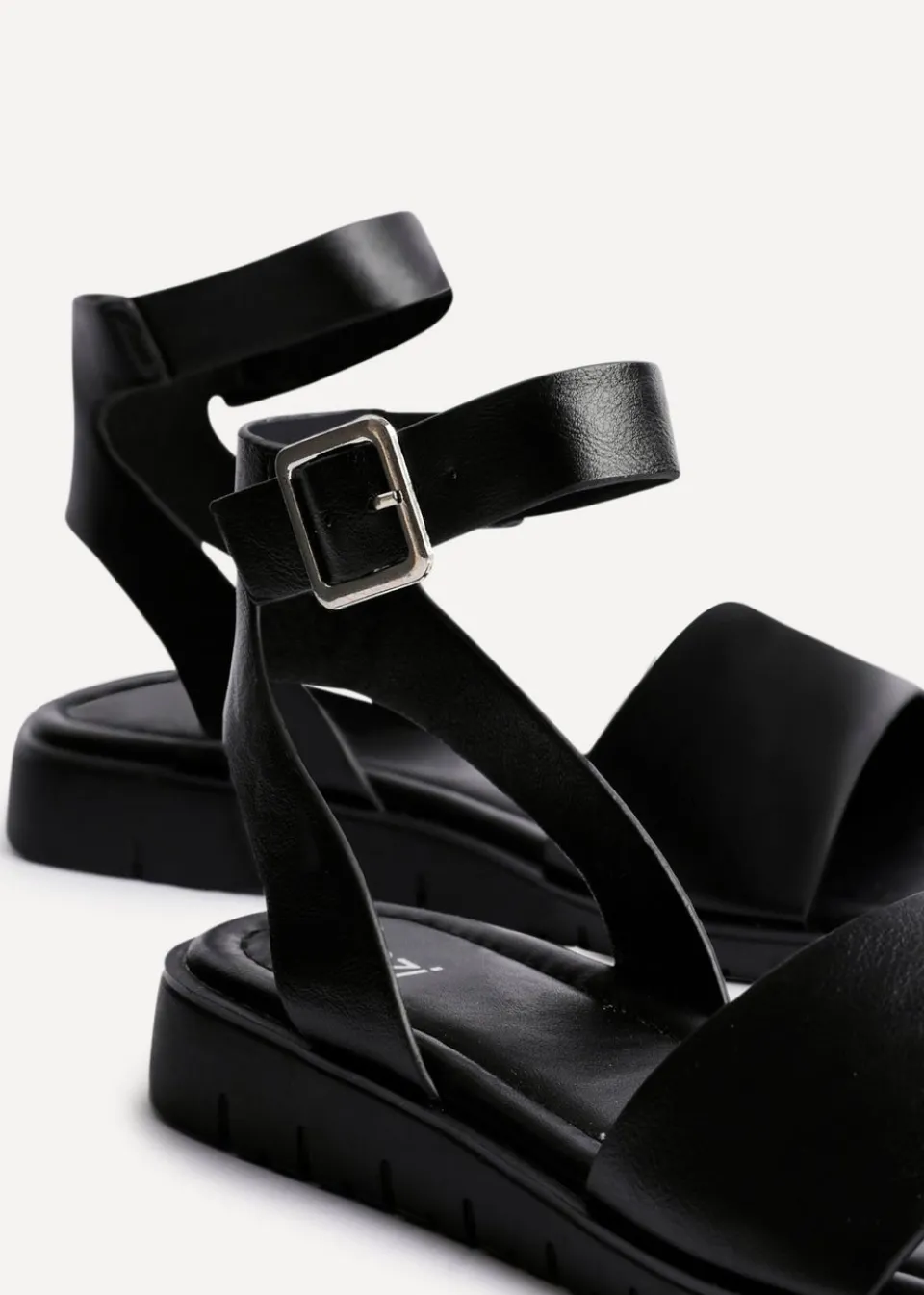 Footwear>Linzi Nora Black Faux Leather Footbed Two Part Sandal