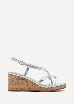 Footwear>Linzi Safiya Silver Faux Leather Strappy Wedge Sandal