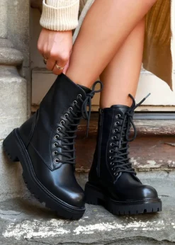Footwear>Linzi Samurai Black Faux Leather Lace Up Military Boot
