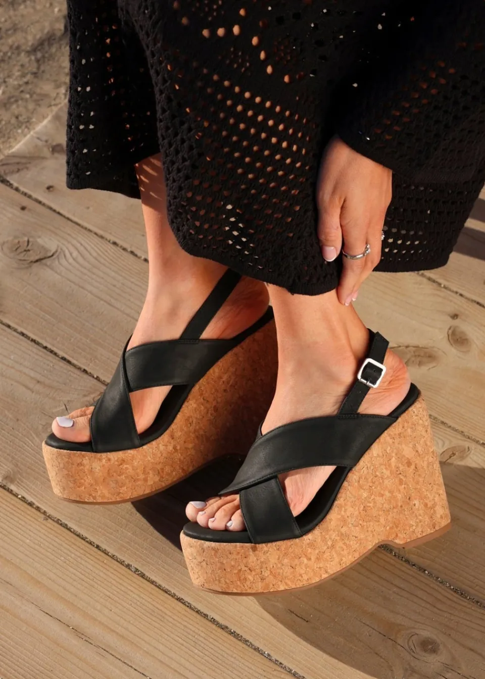 Footwear>Linzi Santana Black Faux Leather Crossover High Platform Cork Wedge