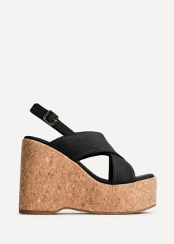 Footwear>Linzi Santana Black Faux Leather Crossover High Platform Cork Wedge