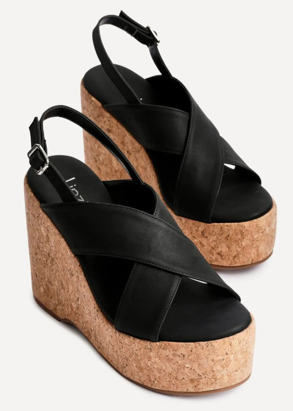 Footwear>Linzi Santana Black Faux Leather Crossover High Platform Cork Wedge