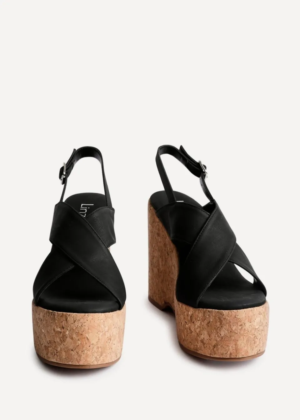 Footwear>Linzi Santana Black Faux Leather Crossover High Platform Cork Wedge