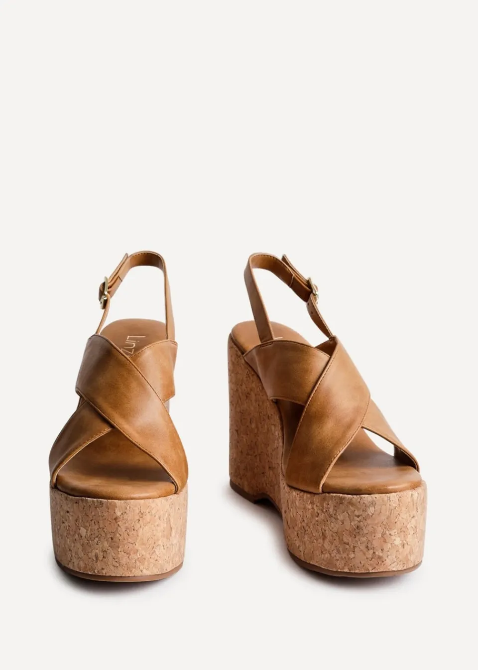 Footwear>Linzi Santana Tan Faux Leather Crossover High Platform Cork Wedge