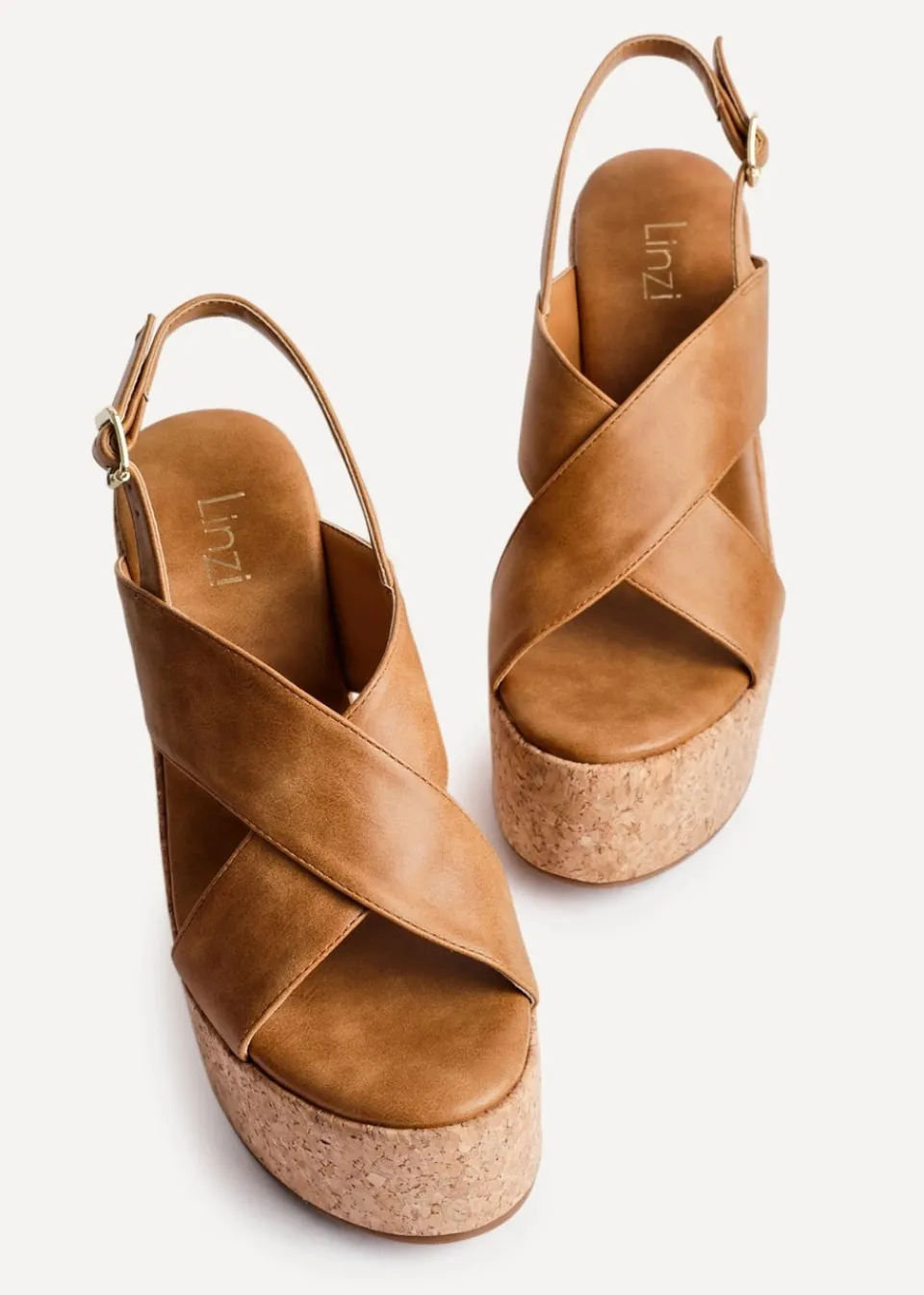 Footwear>Linzi Santana Tan Faux Leather Crossover High Platform Cork Wedge