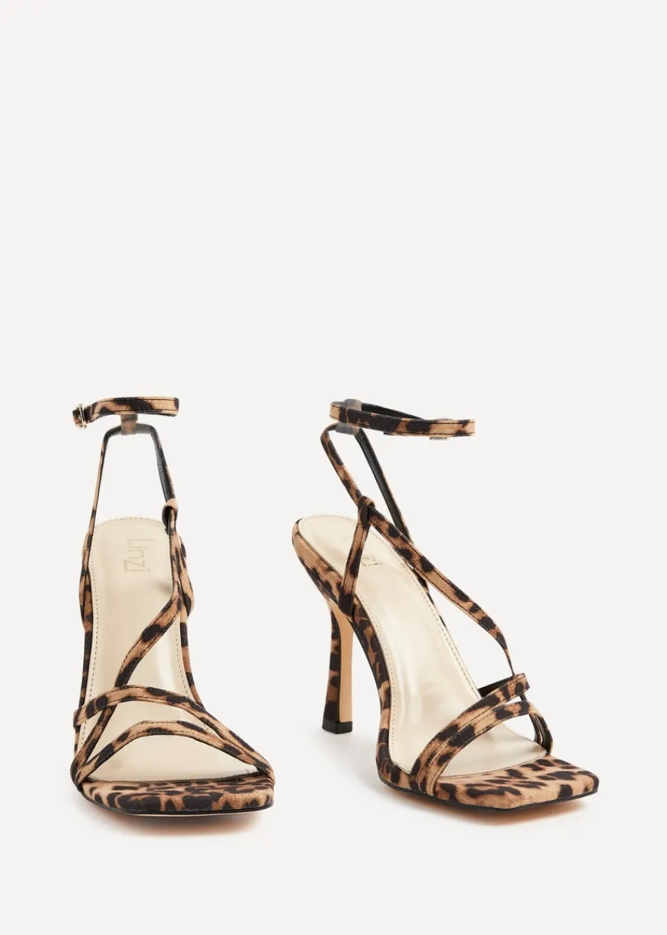 Footwear>Linzi Savannah Leopard Print Faux Suede Strappy Stiletto High Heel
