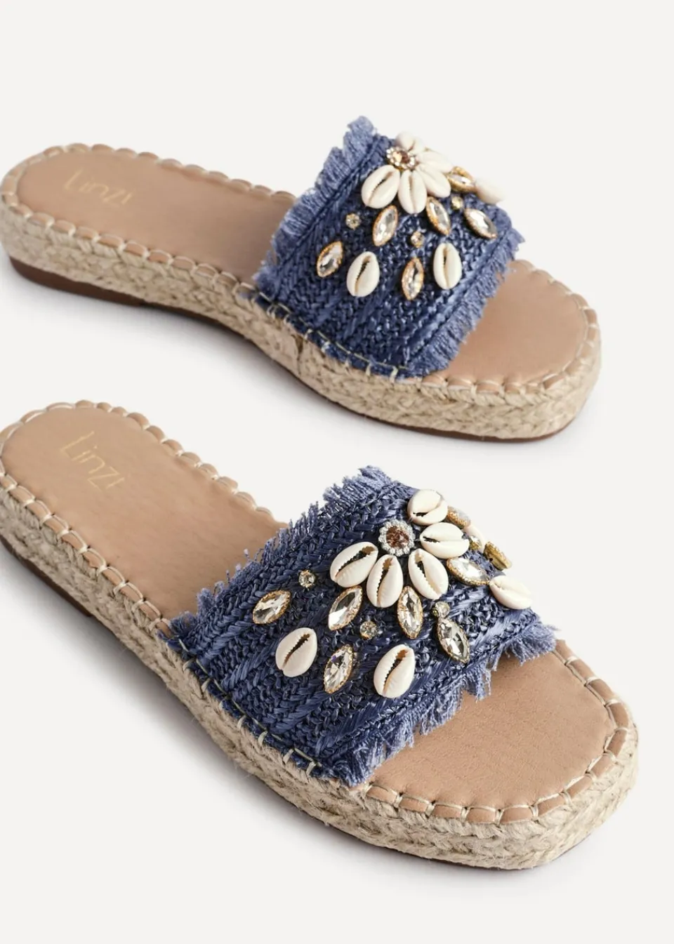 Footwear>Linzi Seaside Blue Raffia Shell Embellished Flat Slider