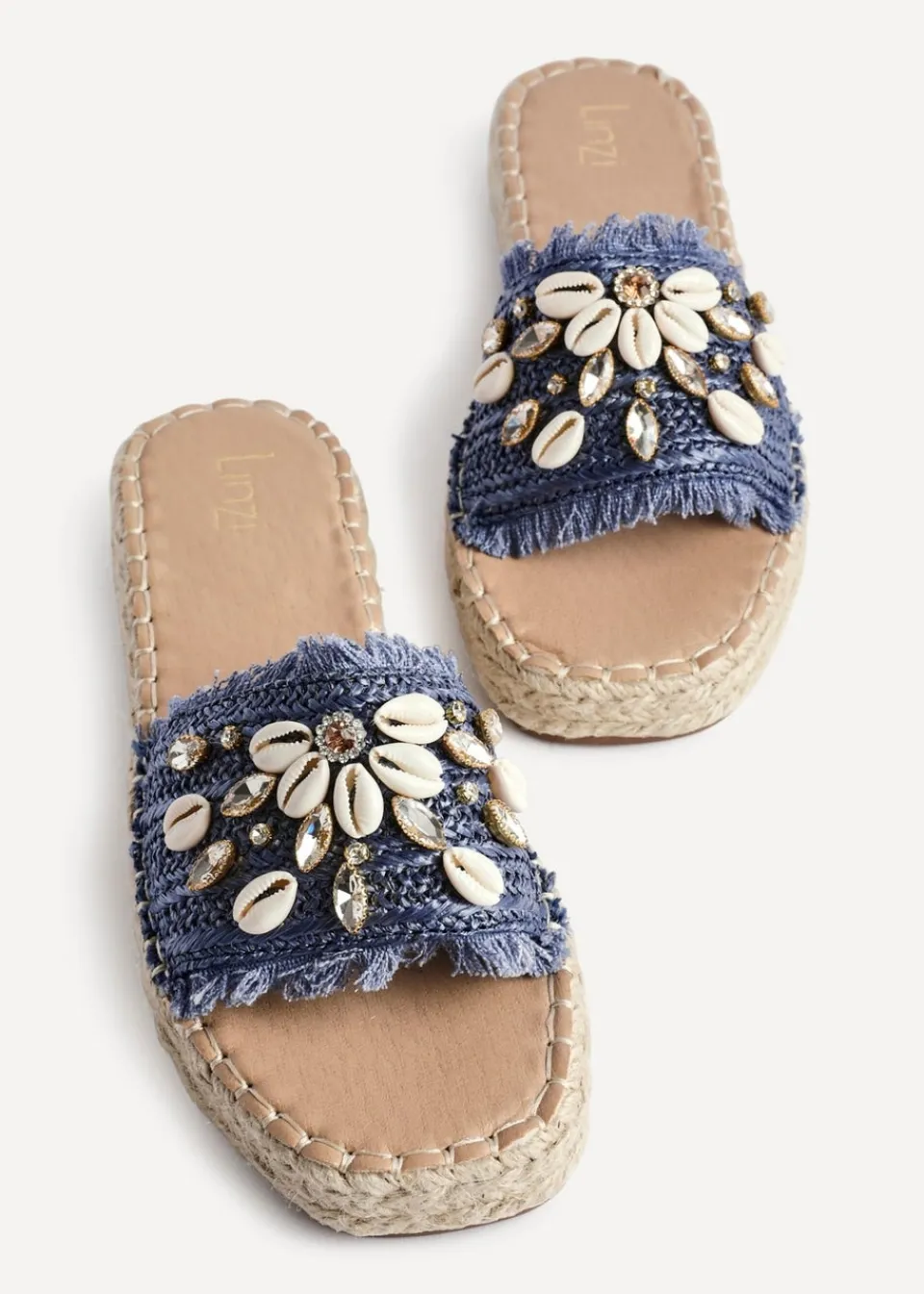 Footwear>Linzi Seaside Blue Raffia Shell Embellished Flat Slider