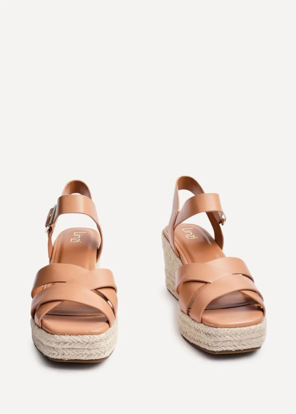 Footwear>Linzi Sheena Tan Faux Leather Crossover Espadrille Platform Wedge