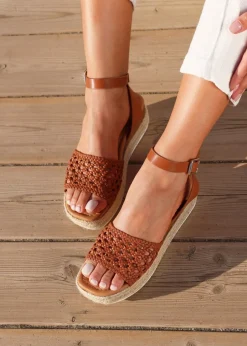 Footwear>Linzi Sundown Tan Faux Leather Handwoven Espadrille Flatform Sandal