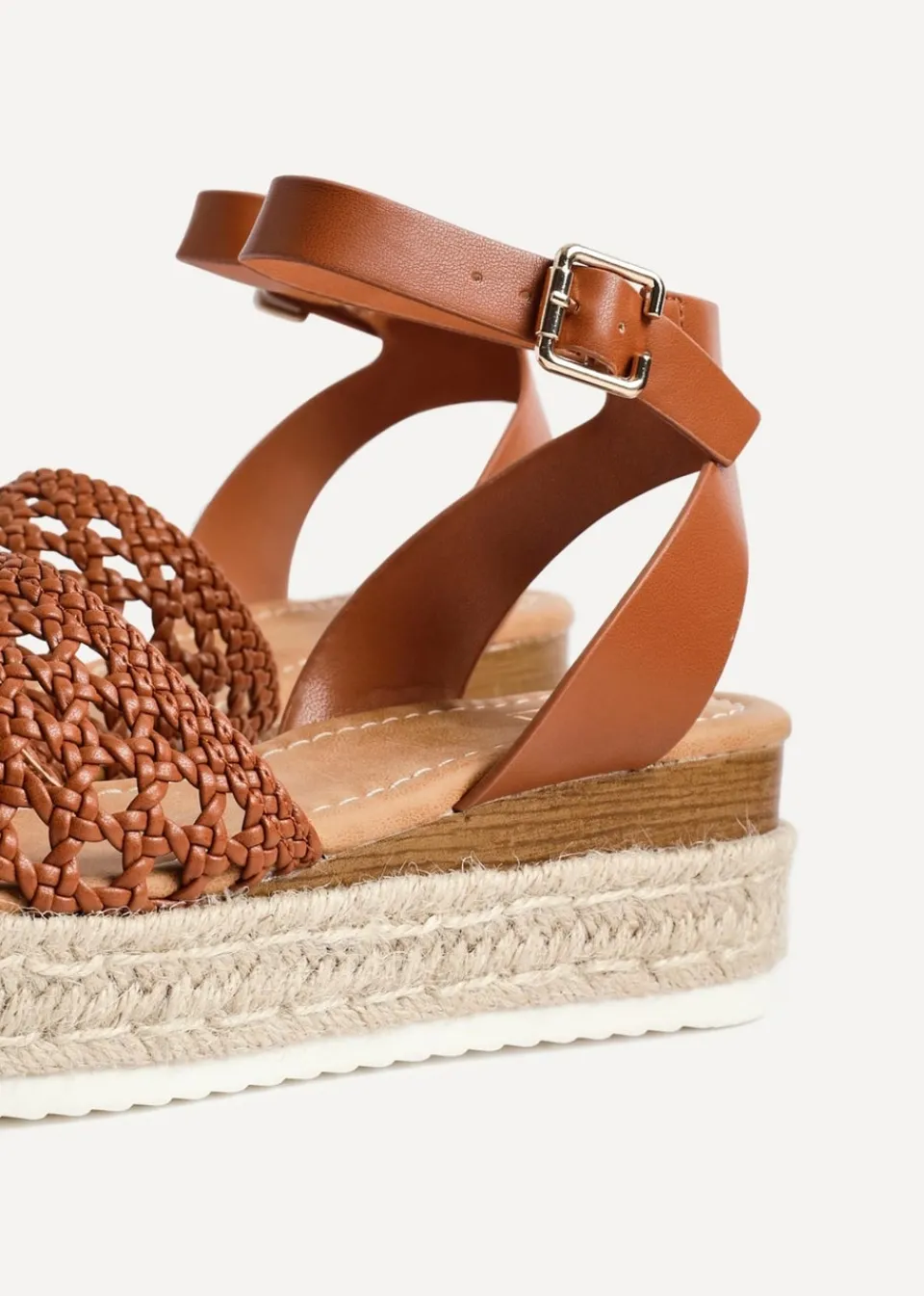Footwear>Linzi Sundown Tan Faux Leather Handwoven Espadrille Flatform Sandal