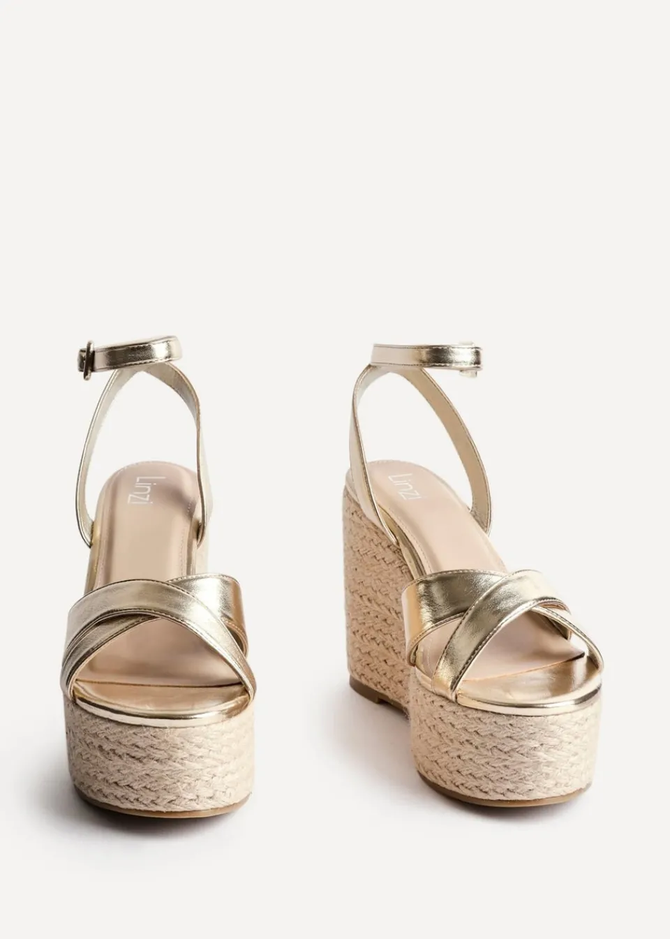 Footwear>Linzi Tahiti Gold Faux Leather Crossover Espadrille Wedge