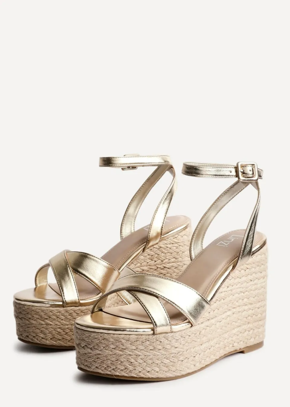 Footwear>Linzi Tahiti Gold Faux Leather Crossover Espadrille Wedge