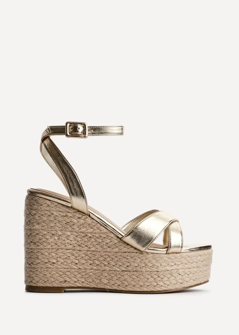 Footwear>Linzi Tahiti Gold Faux Leather Crossover Espadrille Wedge