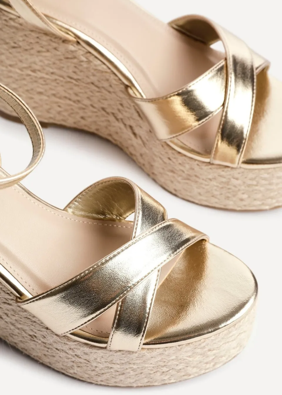 Footwear>Linzi Tahiti Gold Faux Leather Crossover Espadrille Wedge