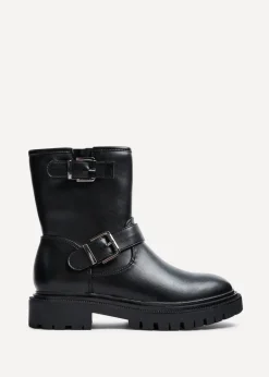 Footwear>Linzi Trinity Black Faux Leather Biker Style Boot
