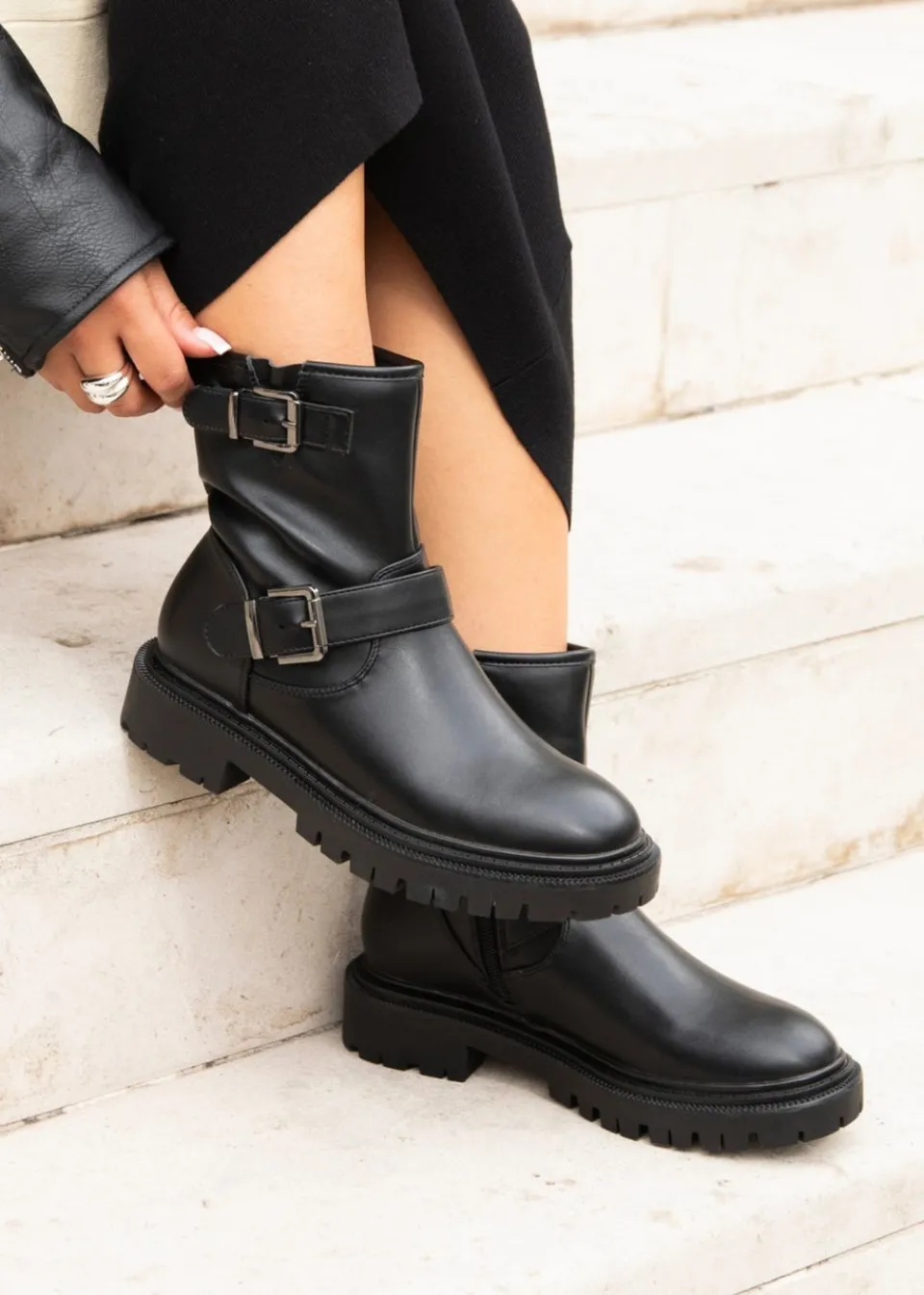 Footwear>Linzi Trinity Black Faux Leather Biker Style Boot