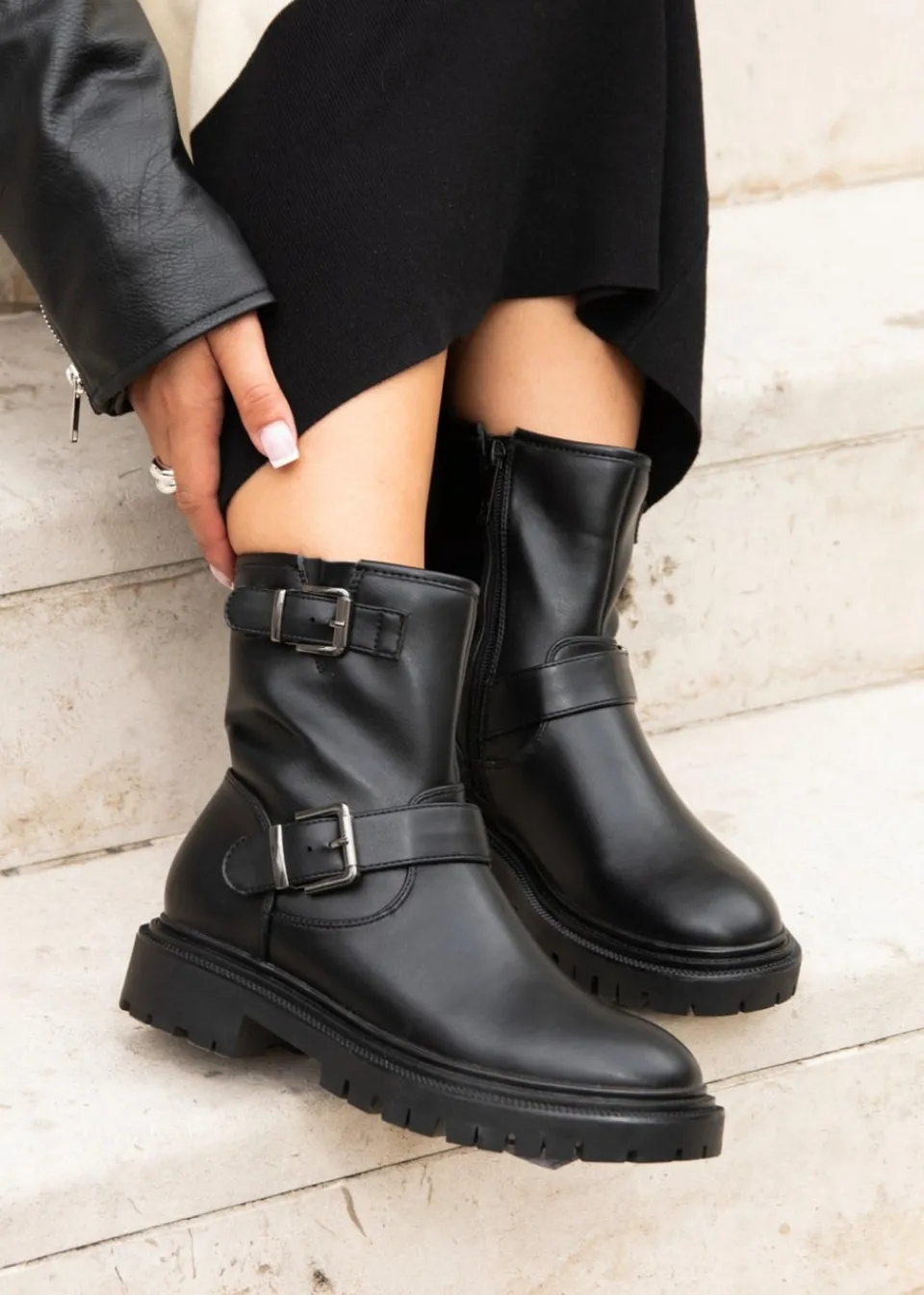 Footwear>Linzi Trinity Black Faux Leather Biker Style Boot