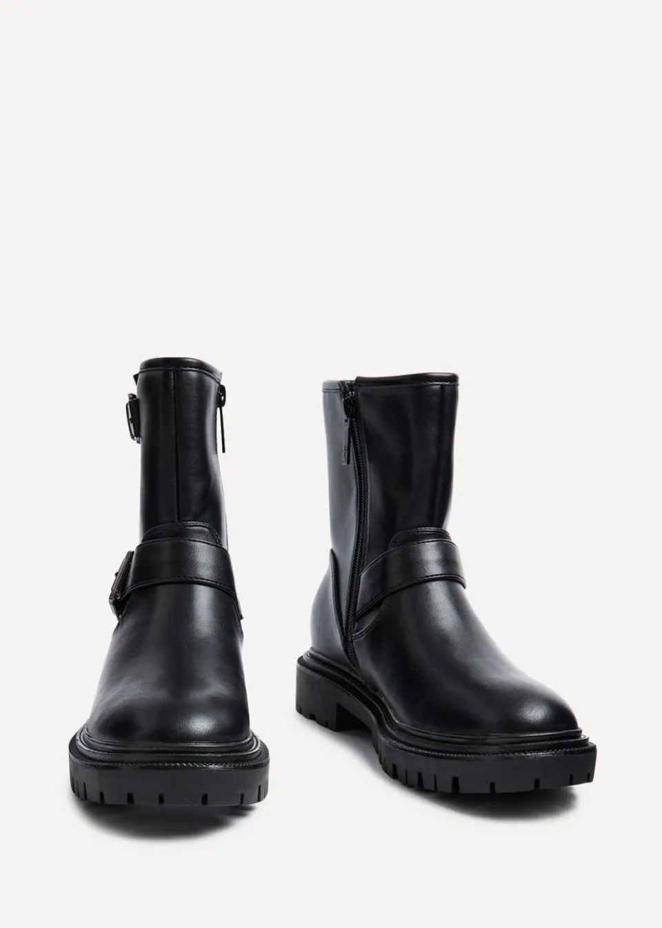 Footwear>Linzi Trinity Black Faux Leather Biker Style Boot