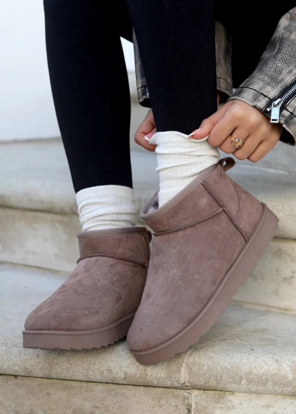 Footwear>Linzi Ultra Mini Addy Faux Suede Faux Fur Lined Mocha