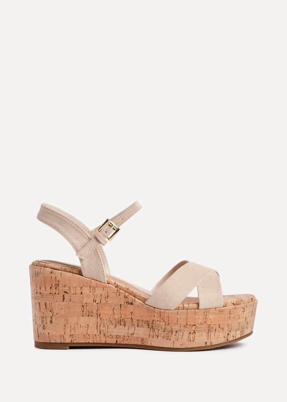 Footwear>Linzi Vivid Sand Faux Suede Crossover Cork Wedge