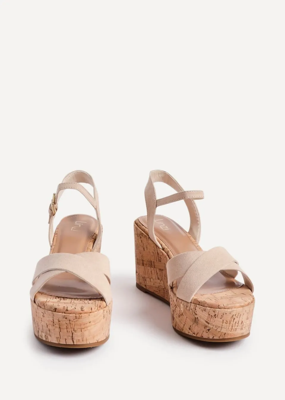 Footwear>Linzi Vivid Sand Faux Suede Crossover Cork Wedge