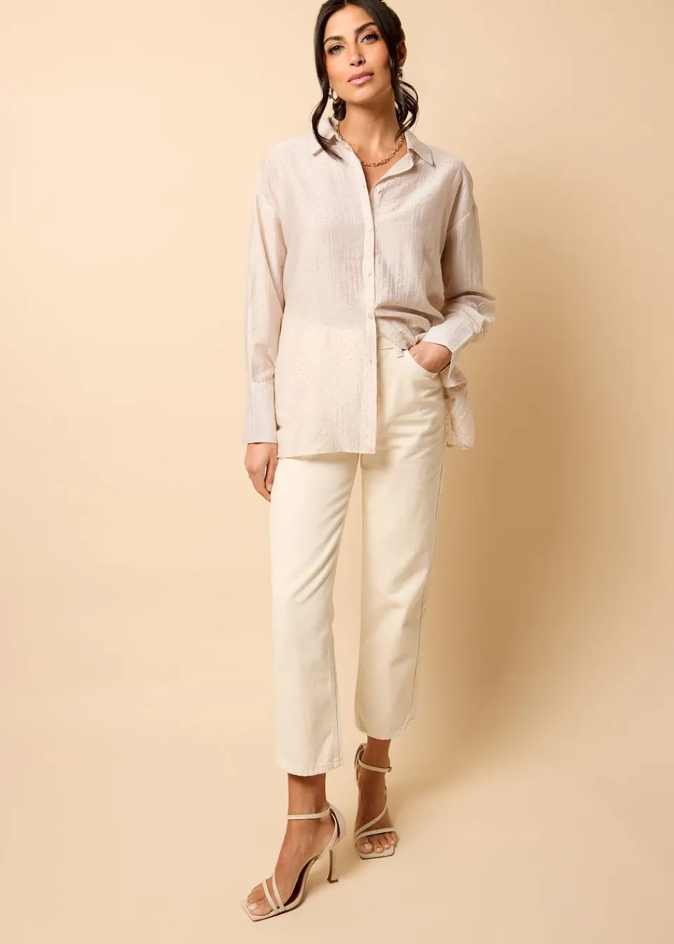Tops>Little Mistress Cream Gem Chiffon Shirt by Vicky Pattison