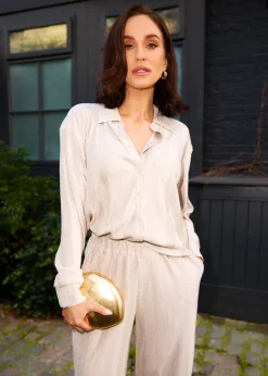 Tops>Little Mistress Co Ord Plisse Shirt by Vicky Pattison Oyster