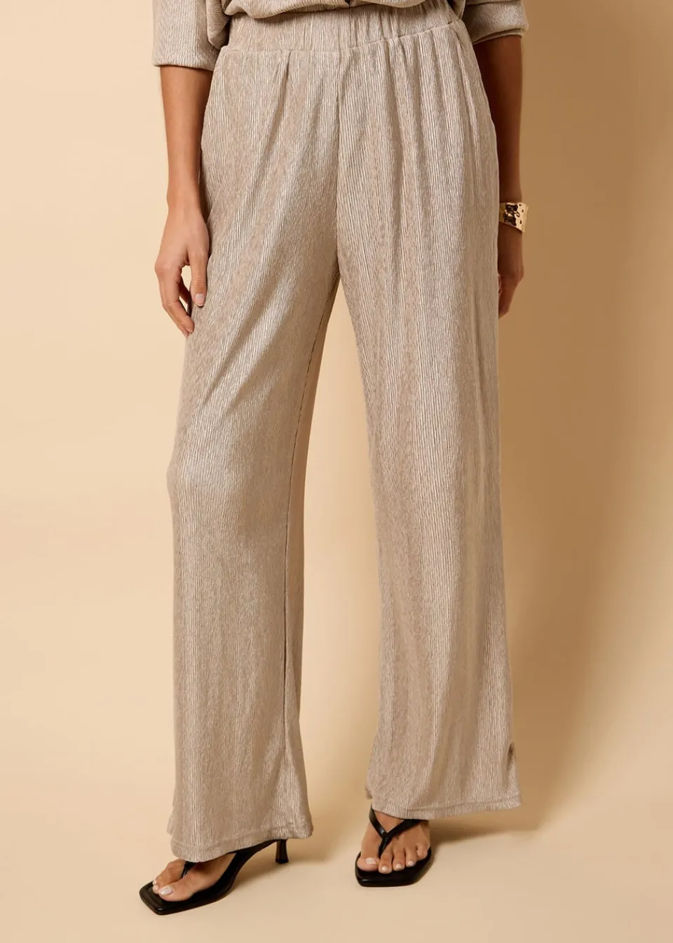 Trousers>Little Mistress Co Ord Plisse Trousers by Vicky Pattison Oyster