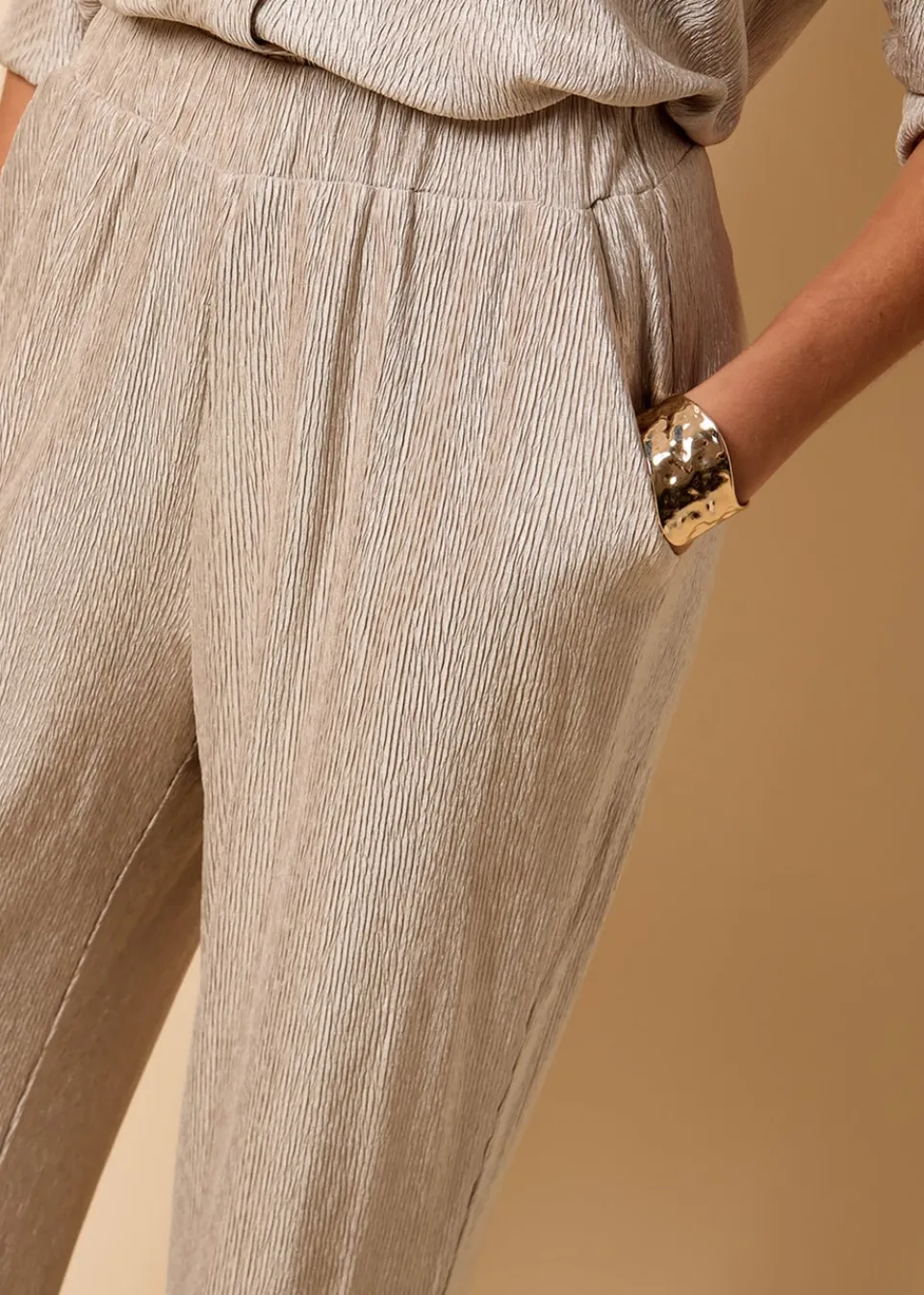 Trousers>Little Mistress Co Ord Plisse Trousers by Vicky Pattison Oyster