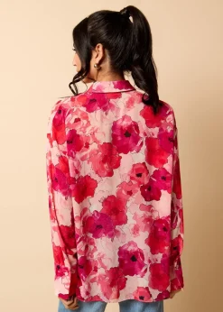 Tops>Little Mistress Red Floral Print Chiffon Shirt by Vicky Pattison
