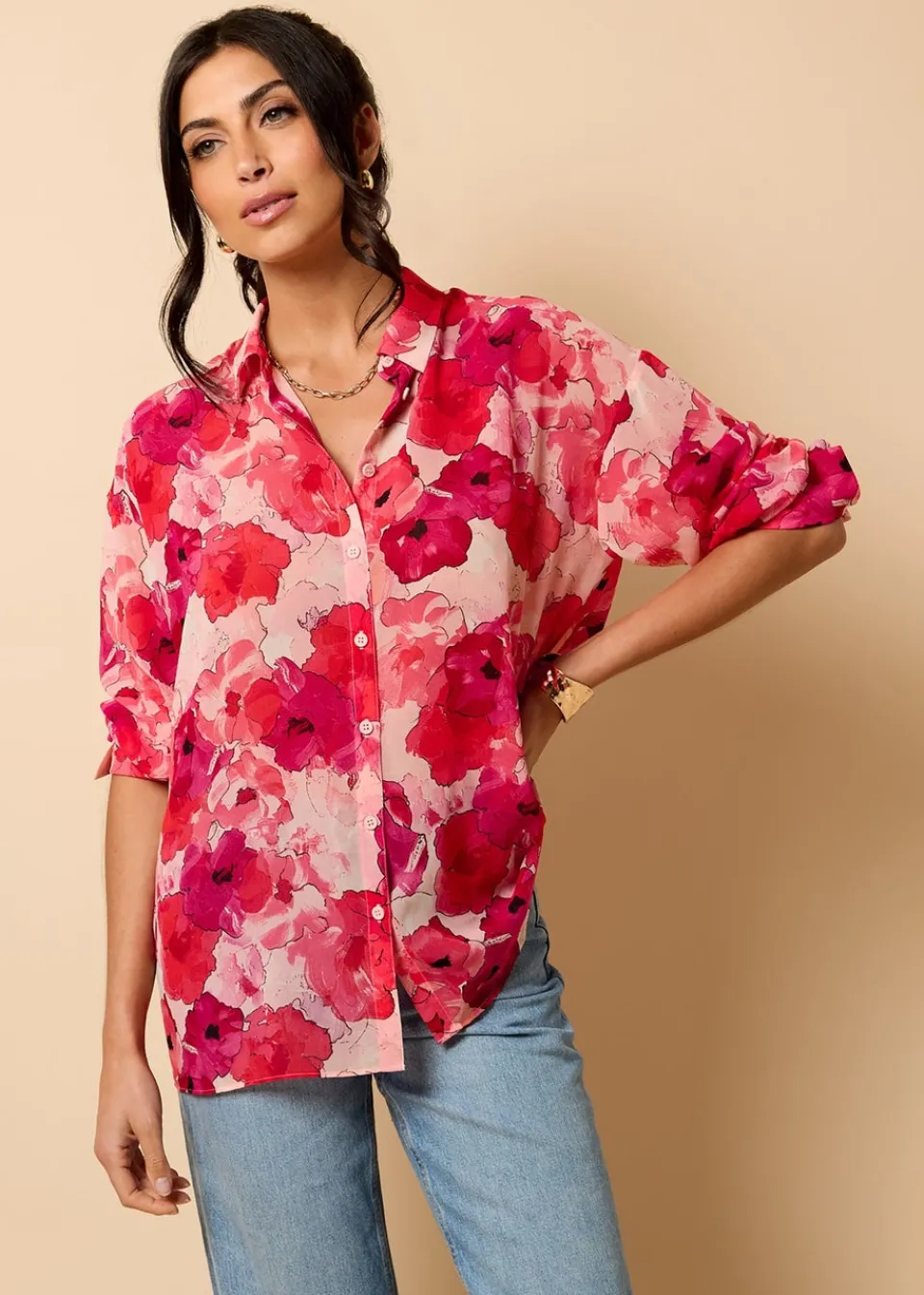 Tops>Little Mistress Red Floral Print Chiffon Shirt by Vicky Pattison
