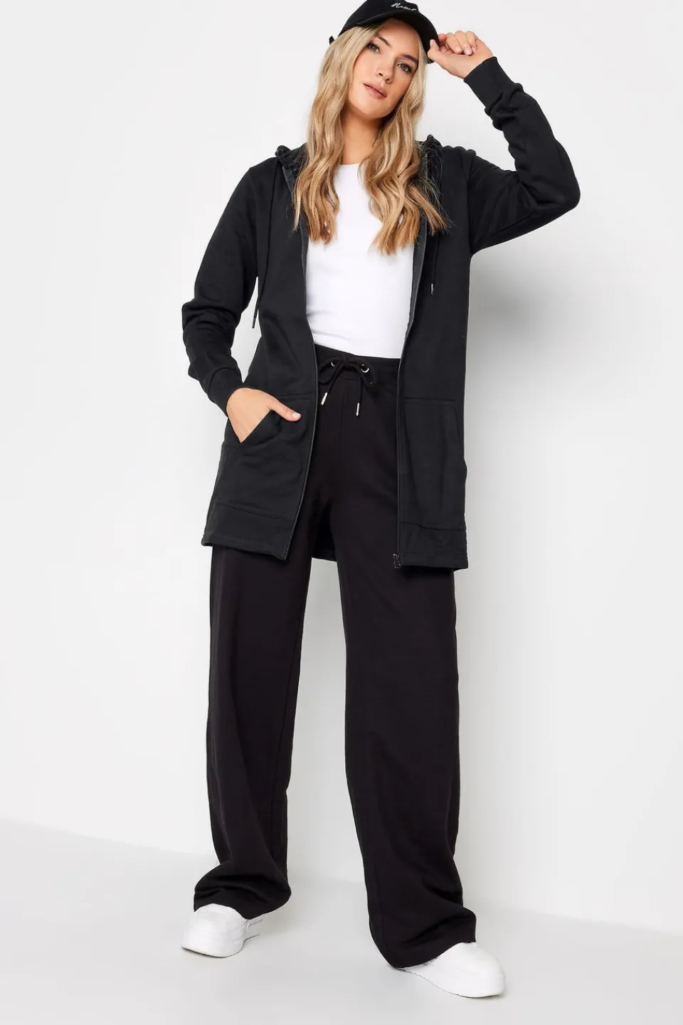 Tops>Long Tall Sally Black Cotton Longline Hoodie