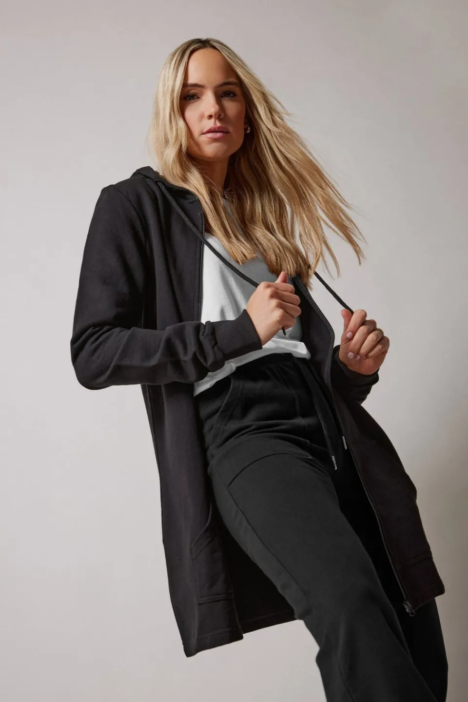 Tops>Long Tall Sally Black Cotton Longline Hoodie