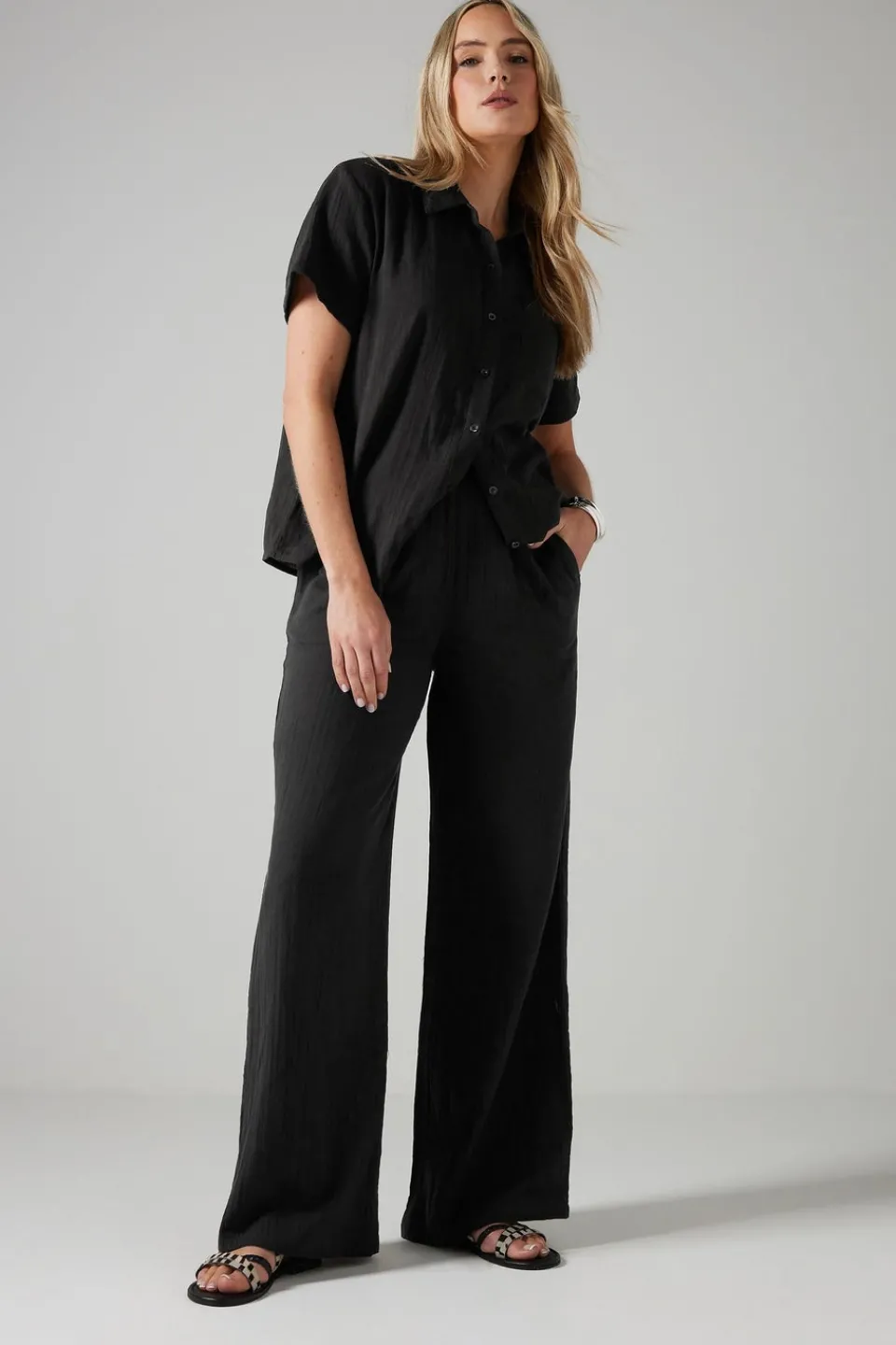 Trousers>Long Tall Sally Black Cotton Cheescloth Wide Leg Trousers