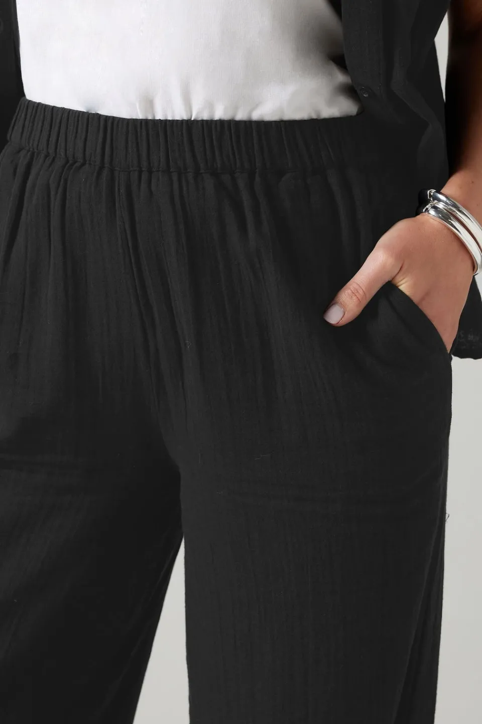 Trousers>Long Tall Sally Black Cotton Cheescloth Wide Leg Trousers